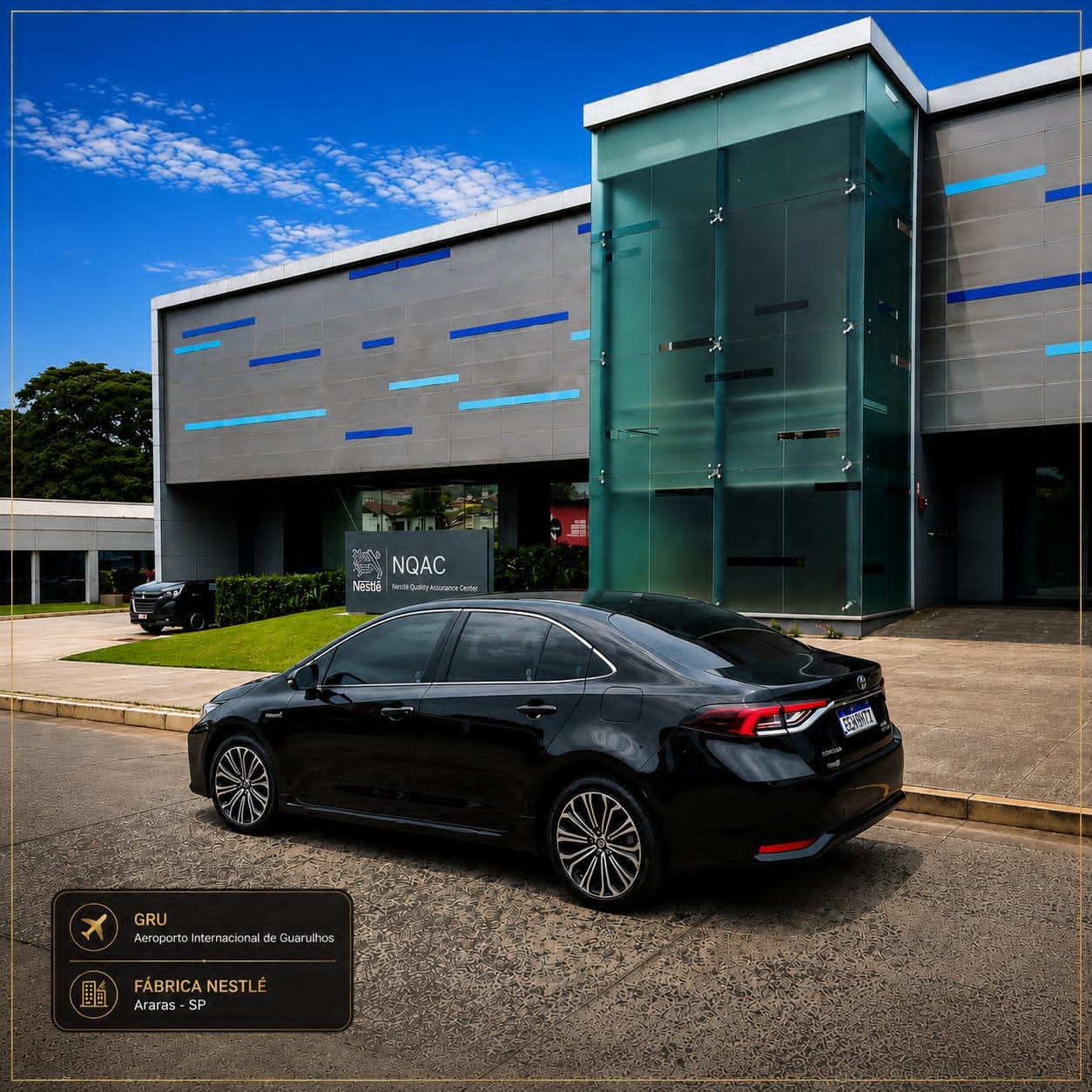 Sedan executivo preto em atendimento corporativo na fábrica Nestlé em Araras